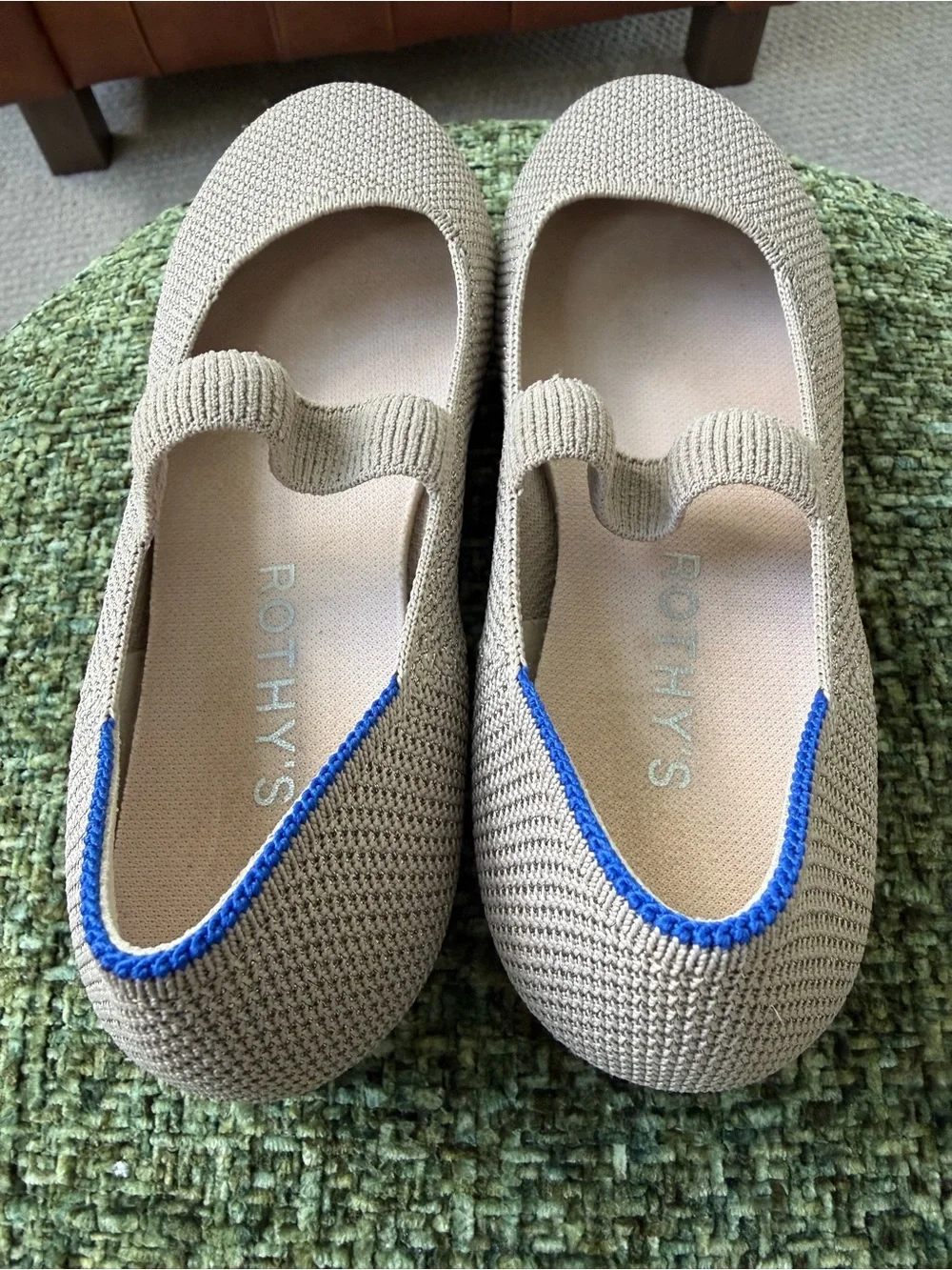 Rothy's Beige Knit Mary Jane with Blue Trim for Kids